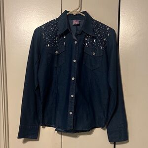Women's Blue Button Down Shirt with Studded Details